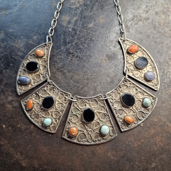 Egyptian Revival 800 Silver Turquoise Coral & Lapis Lazuli Bib Collar Necklace Turquoise, Coral, Onyx Silver Magnificent