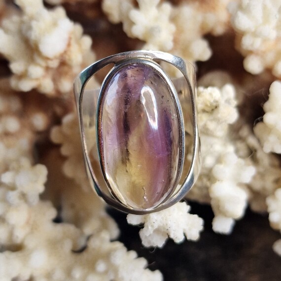 Large ametrine ring made of 925 sterling silver, citrine, amethyst, cabochon, tribal, boho, layered look