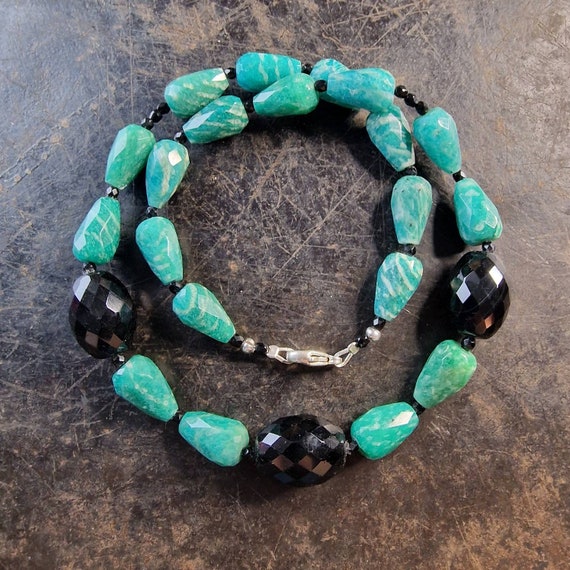 Designer amazonite and onyx necklace, faceted, 925 silver, elegant, blue black, boho, healing stone