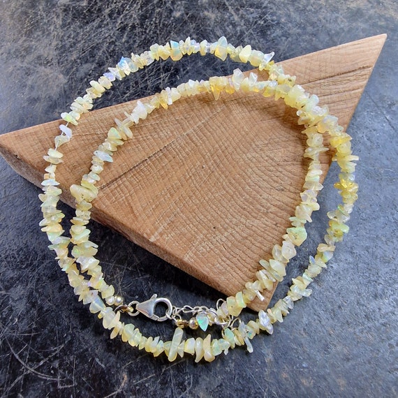 Modern opal necklace, Ethiopian opal, chips, nuggets, 925 silver gold plated, healing stone, great fire, with extension