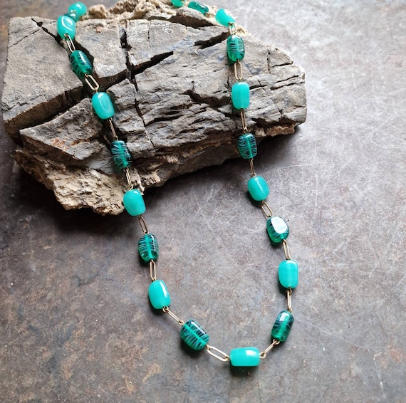 Vintage Bohemia Glass Necklace Petrol Blue Brass Handmade Rare