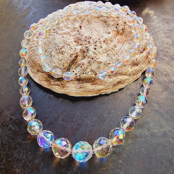 Vintage Aurora Borealis Glass Necklace, circa 1940 Bohemian Glass Crystal, Colorful, Gradient, Long