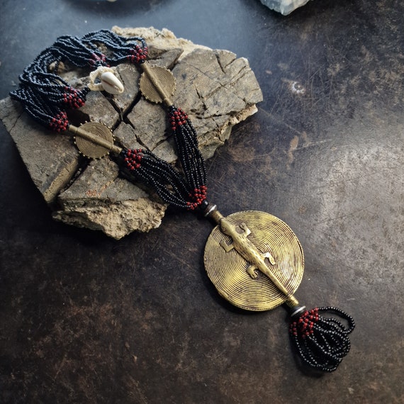 Old African Necklace with Black and Red Recycled Glass Beads, Africa Jewelry - Necklace with Bronze Pendant & Beads, Shell