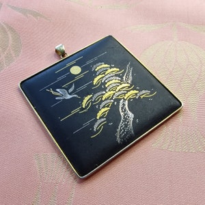 Vintage Damascus, Bonsai, Crane jewelry from Japan, 18K gold plated, pendant, 50s, iron, brass, handwork, birds
