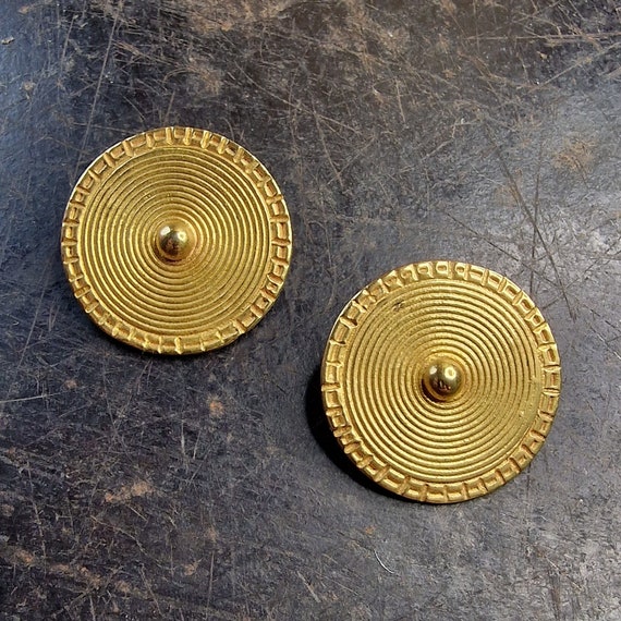 Rare L.A CANO earrings, clips, gold plated replicas (24k gold plated), pre-Columbian style, tribal, boho