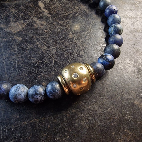 Modern XL natural lapis lazuli ball chain, necklace with 925 silver gold-plated ornaments and clasp, layered look, tribal, healing, boho