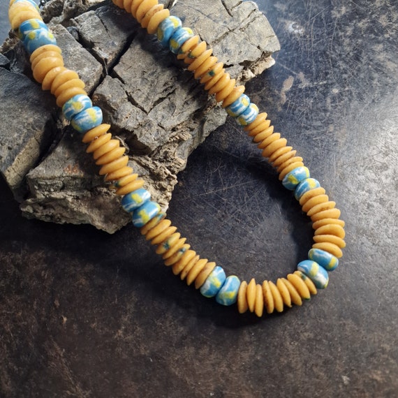 Old African trading beads Trading beads necklace, necklace, colorful, yellow, blue, African Blue & Yellow Sandcast Beads, Matt, Rare, silver