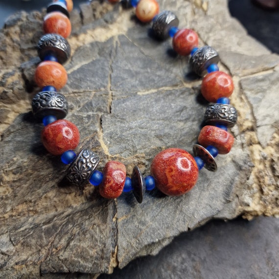 Gemstone jewelery foam coral necklace, matt necklace with 925 silver ornaments and clasp, with blue glass beads, handwork