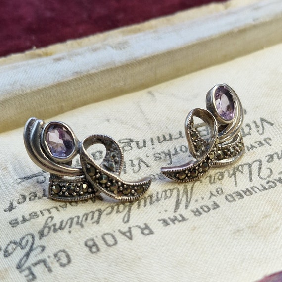 Vintage Earrings Amethyst, Marcasites, Art Deco Style, 925, Sterling Silver, Loop, Art Nouveau, Elegant