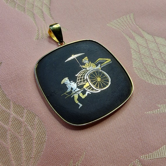 Vintage Damascus, rickshaw motif, jewelry from Japan, 18K gold plated, pendant, 50s, iron, brass, handwork