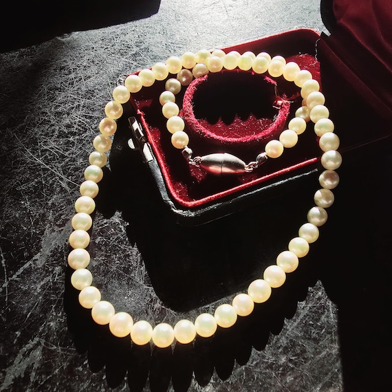 Vintage Akoya pearl necklace, chain, 925 silver long clasp, real pearl, Japan, 60s, true vintage, cottage