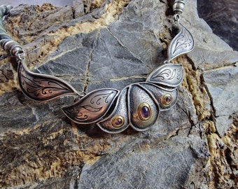 Costume necklace 925 silver amethyst, gold-plated, on a cord, chain, sterling silver, handmade