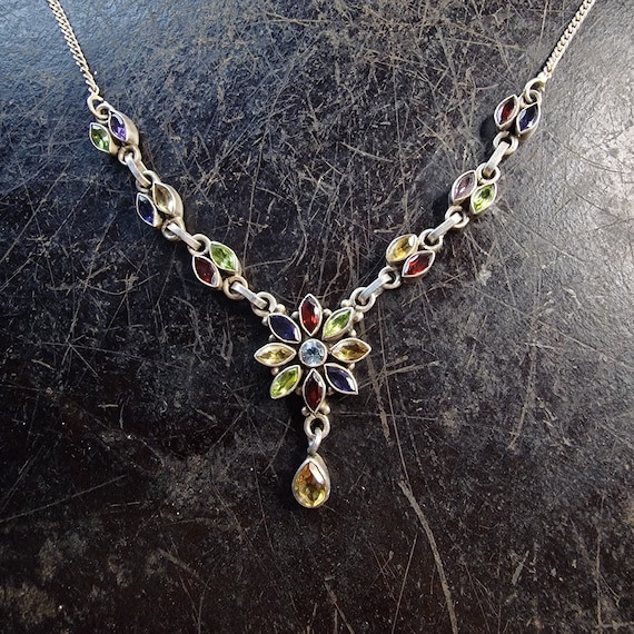 Colorful Stone Necklace,925 Sterling Silver, Faceted Gemstone Silver Necklace, Garnet, Peridot, Citrine, Amethyst, India