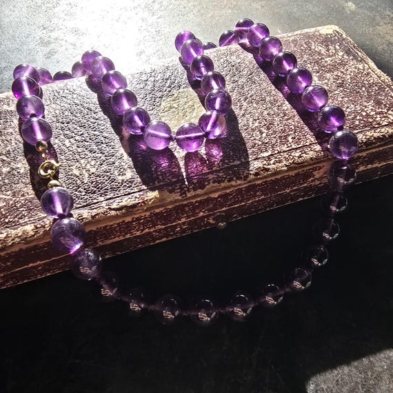 Vintage Art Nouveau amethyst necklace, knotted, 333 8k gold clasp, true vintage, cottage, Art Nouveau, ball, dark amethyst