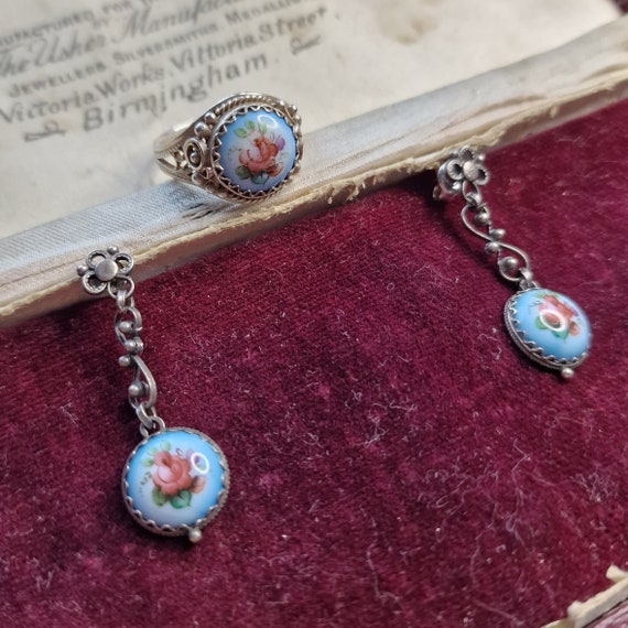 Vintage Rostov Finift real silver jewelry, jewelry set, ring, earrings, blue, flowers, painted, Russia jewelry, red enamel, true vintage