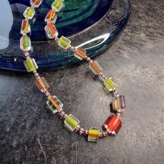 Colorful Bohemian glass chain, rainbow necklace, handmade, stainless steel clasp, boho