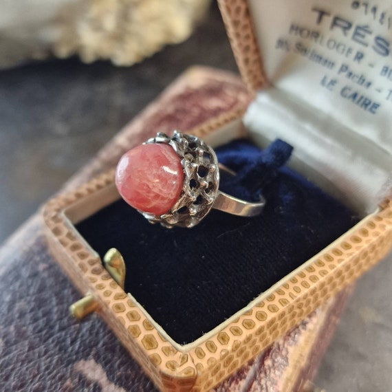 Vintage ring silver 925, vintage design, with rhodochrosite, gemstone, midcentury, norway, modernist