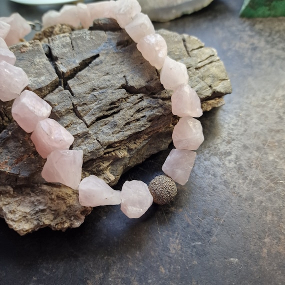 Designer 925 Silver Rough Stone Necklace with Rose Quartz Nuggets, Chunks