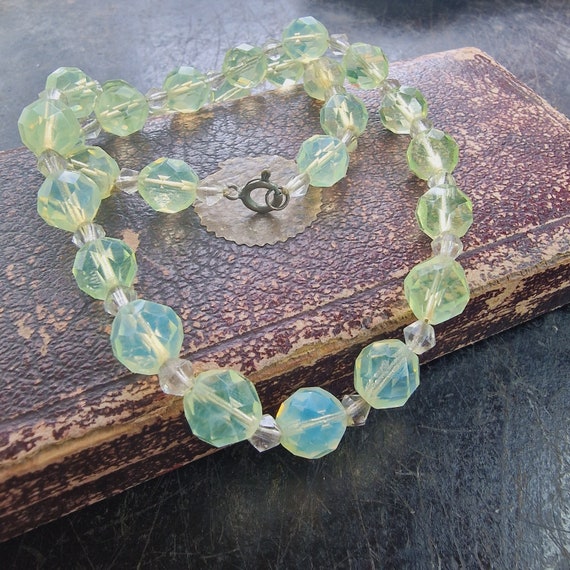 Vintage uranium glass and clear faceted crystal bead necklace, Art Nouveau, cut glass, Vaseline Glass, Art deco uranium glass, Green, Art Deco