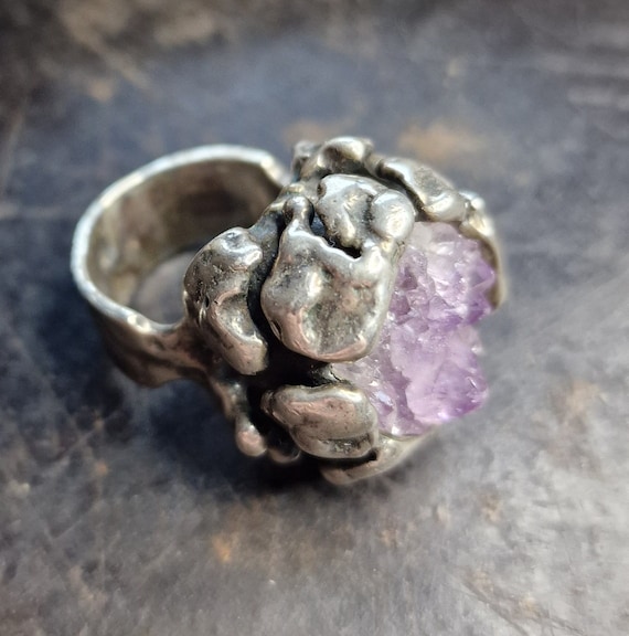 Burkhard & Monika solid 70s Oly ring silver 835 hallmarked with amethyst