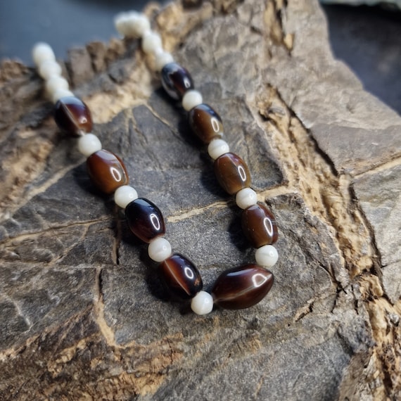 Vintage Bohemian glass necklace white, brown uranium glass handmade, pressed glass, true vintage, Bohemia Vaseline glass