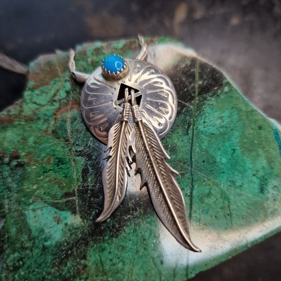 Turquoise Necklace, Feather, Sterling Silver, Navajo Native