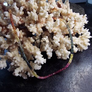 May include: A multi-colored gemstone necklace with pink, yellow, green, and blue beads. The necklace is displayed on a white coral-like surface.