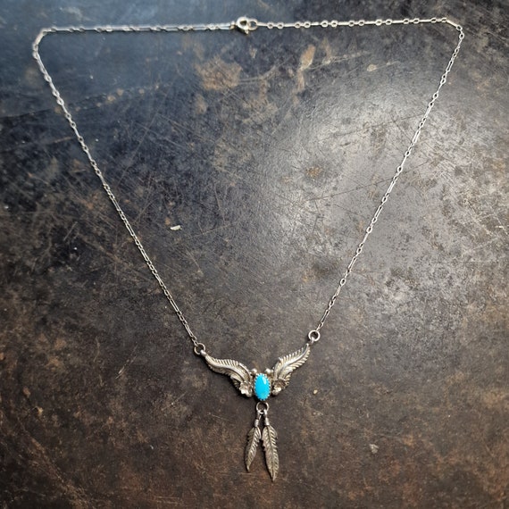 Turquoise Necklace, Feather, Sterling Silver, Nav… - image 3