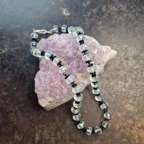 Rare light blue faceted quartz necklace, chain with onyx and 925 silver, silversmith work, handwork, like aquamarine