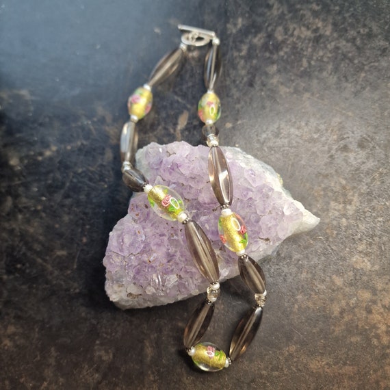 Designer smoky quartz and Murano glass necklace, chain, 24k in glass, 925 silver clasp, natural jewelry