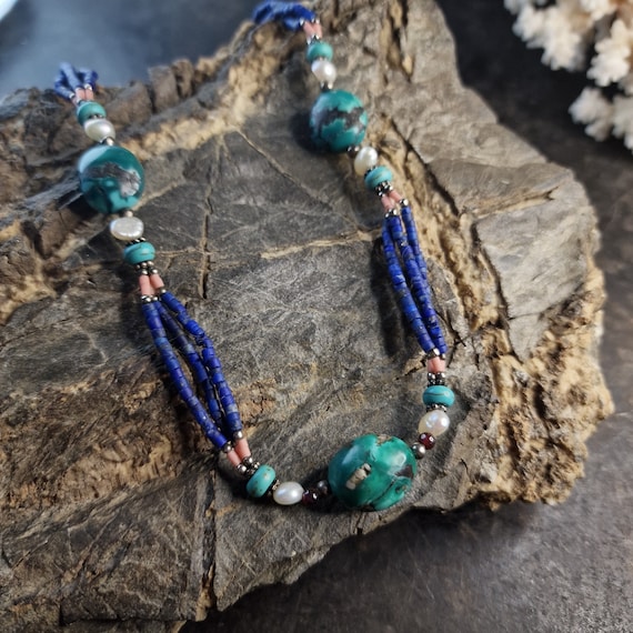 Afghan turquoise, coral, lapis lazuli, beads and silver chain handmade nomad, tribal, boho
