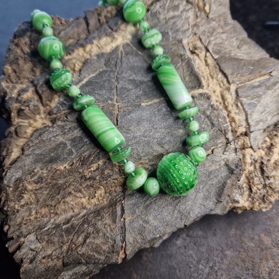 Rare Art Nouveu malachite glass chain, necklace, Art Deco glass chain green, grapes, rare, Bohemia