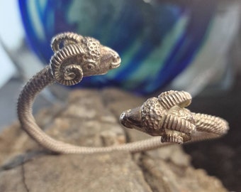 Ram head bracelet, solid sterling silver 925 bangle, ram bangle, flexible, larp, viking, sterling silver
