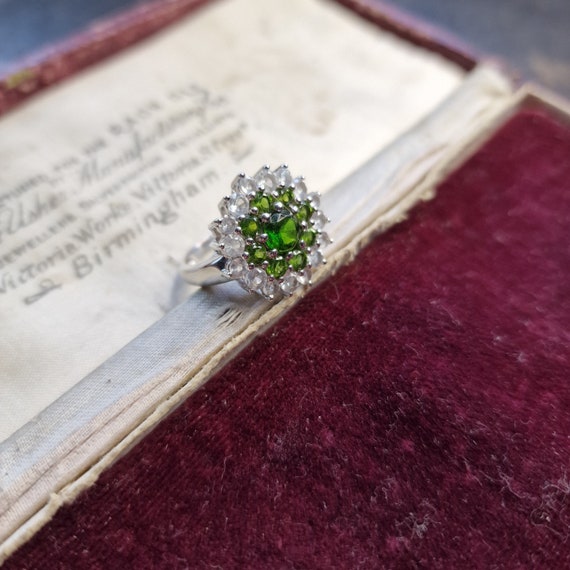 Vintage 925 silver ring, chrome diopside and zirconia, spring, green stone