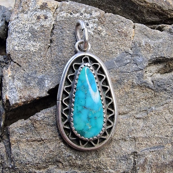 Navajo sterling silver, blue turquoise feather pendant, tribal, ethno, Navajo jewelry, nature