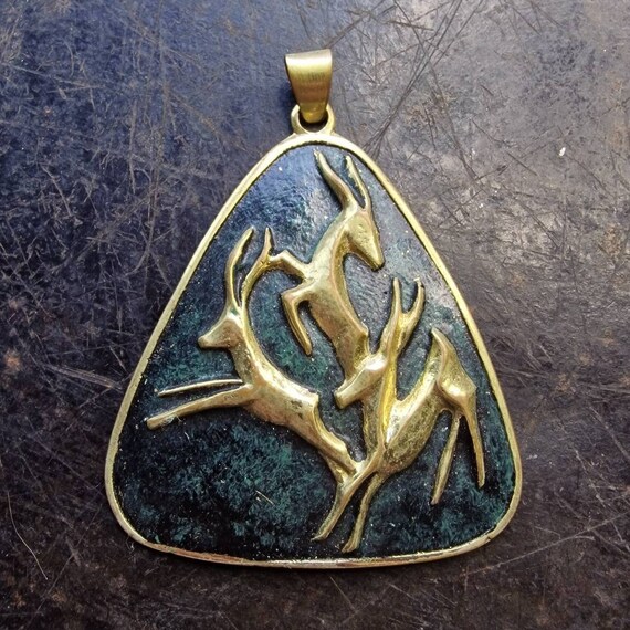 Midcentury pendant, gazelles, gold plated, green gold, vintage, Africa, designer pendant, large