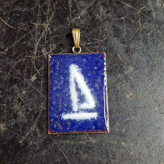 Midcentury Enamel Pendant with Brass and Glass, Martimer, Boat, Ship, Handmade, Blue, Cloisonnè, Strand