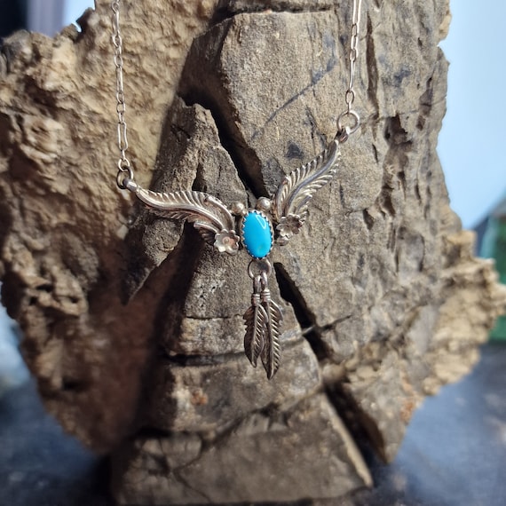 Turquoise Necklace, Feather, Sterling Silver, Navajo Indian, Tribal, Boho, 925 Silver, authentic navajo