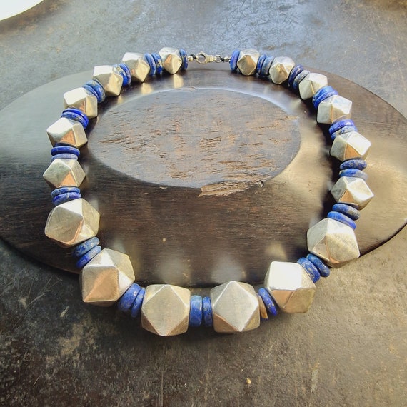 XXL natural lapis lazuli necklace, necklace with 925 silver ornaments and clasp, layered look, tribal, healing, boho