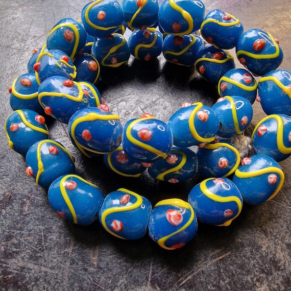 Old African trading beads Trading beads necklace, necklace, colorful, yellow, blue, African Blue & Yellow, rare, brass