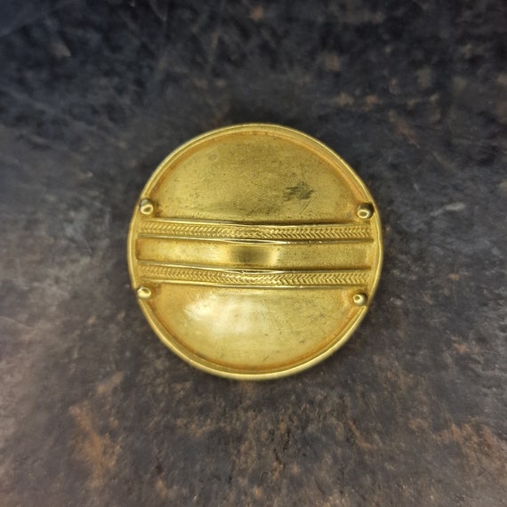 Rare L.A CANO brooch round, shield, button, gold plated museum replica (24k gold plated), pre-Columbian style 011
