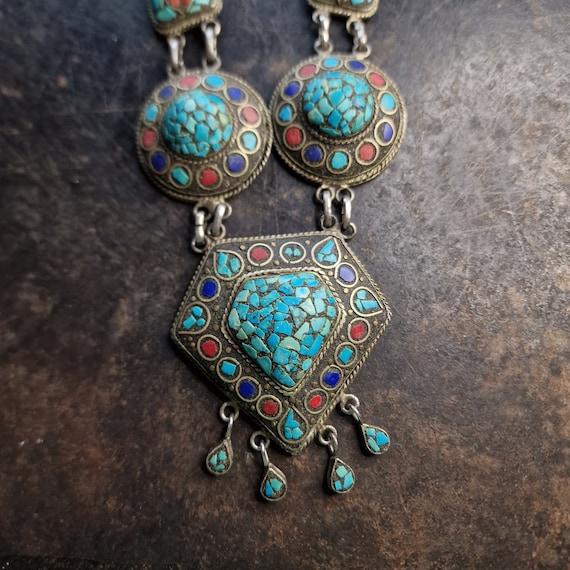 Vintage India Inlay Mosaic Turquoise, Coral, Lapis, Necklace, Brass and Turquoise, India Pendant Retro India Necklace, Old Indian Jewelry,