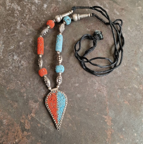 Turquoise Coral Choker Necklace Granules Boho Tribal Vintage Artisan India? Morocco?