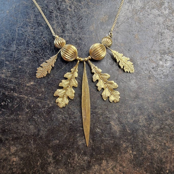 Gold-plated natural chain, gold necklace, chain with leaves, leaves, traditional costumes, oak leaves, Larp, boho, fire-gilded
