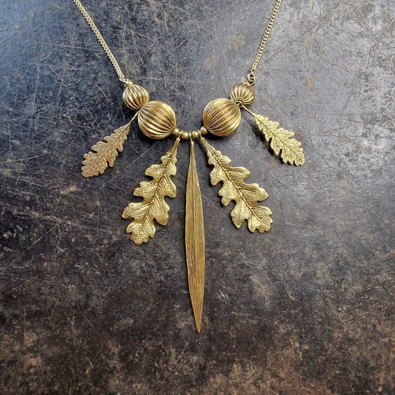 Gold-plated natural chain, gold necklace, chain with leaves, leaves, traditional costumes, oak leaves, Larp, boho, fire-gilded