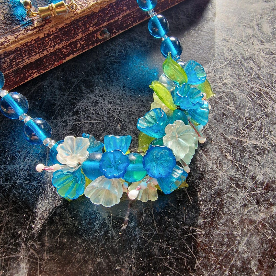 Collier Perles De Verre Murano Années 70 - Bleuté Cuivré, Occasion Très Bon état