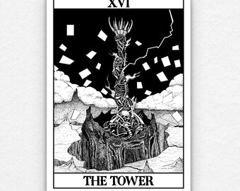Op de afbeelding: Zwart-witte illustratie van de tarotkaart De Toren. De kaart toont een skeletachtige toren die door de bliksem wordt getroffen, waarbij puin uit de lucht valt. Het kaartnummer XVI staat bovenaan en de woorden "DE TOREN" onderaan.