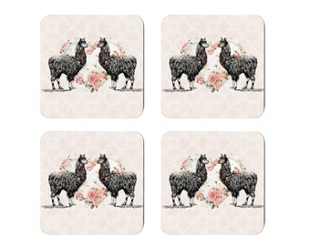 Alpaca coasters, alpaca gift, coaster set, 4 coasters, housewarming gift, animal decor, floral decor, square coaster, alpacas, blush heart