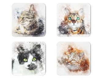 Cat coaster set. Watercolor art print set of 4 coordinating square coasters.