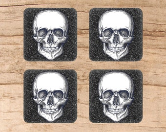Sous-verre de crâne, squelette, décor de crâne, pendaison de crémaillère, crâne d'anatomie, sous-verre carré, ensemble de 4 sous-verres, décor noir et blanc, cadeau effrayant, crânes
